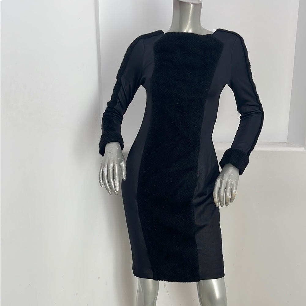 Katharine Kidd Black Long Sleeve Bodycon Cocktail Dress Faux Fur Trim Size 2